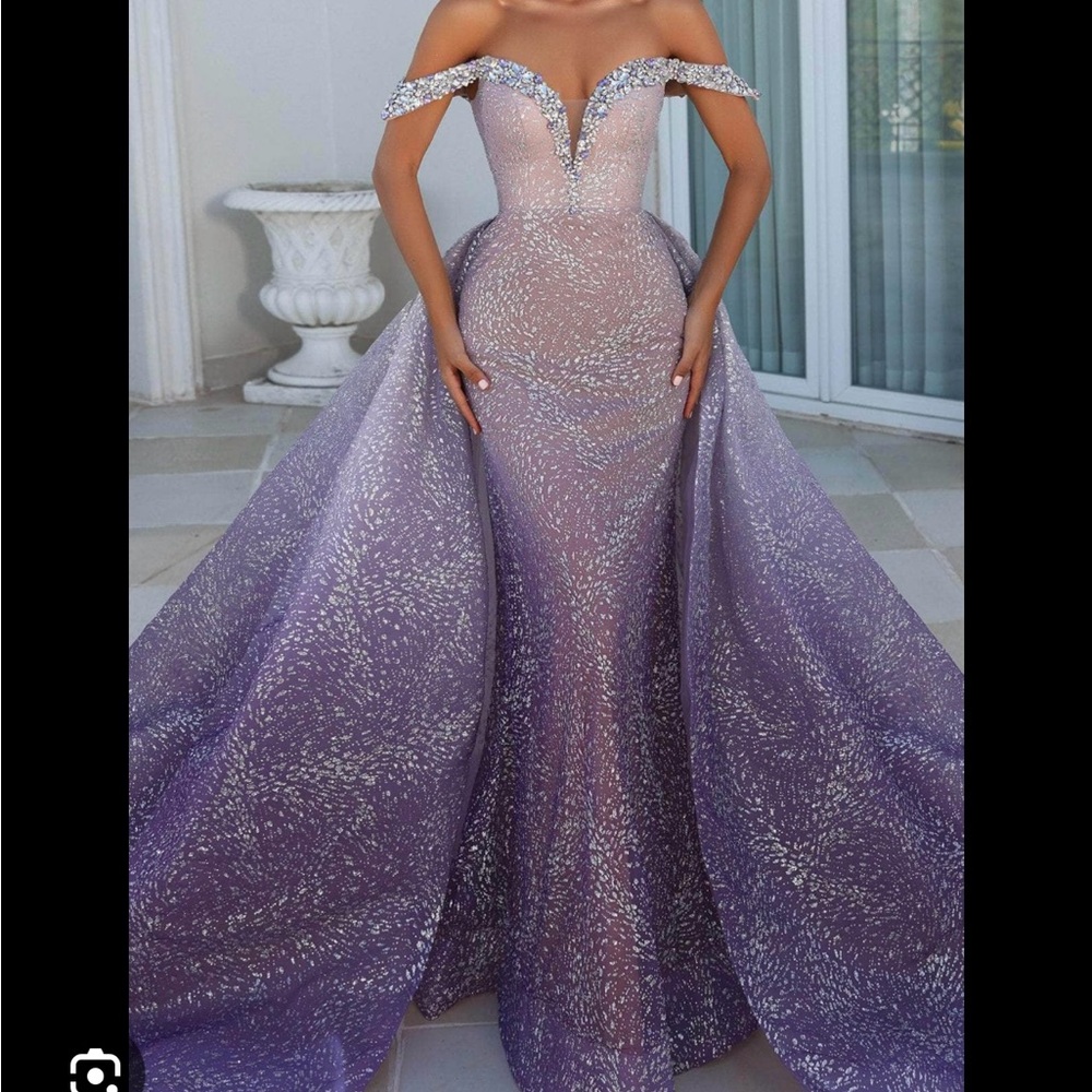 Portia and Scarlett Elegant Purple Off-Shoulder Evening Gown
